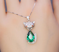 Emerald Necklace - Sterling Silver Green Gemstone Fox Pendant - 18KGP - Emerald Pets Lover Necklace #436