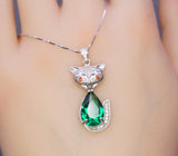 Emerald Necklace - Sterling Silver Green Gemstone Fox Pendant - 18KGP - Emerald Pets Lover Necklace #436
