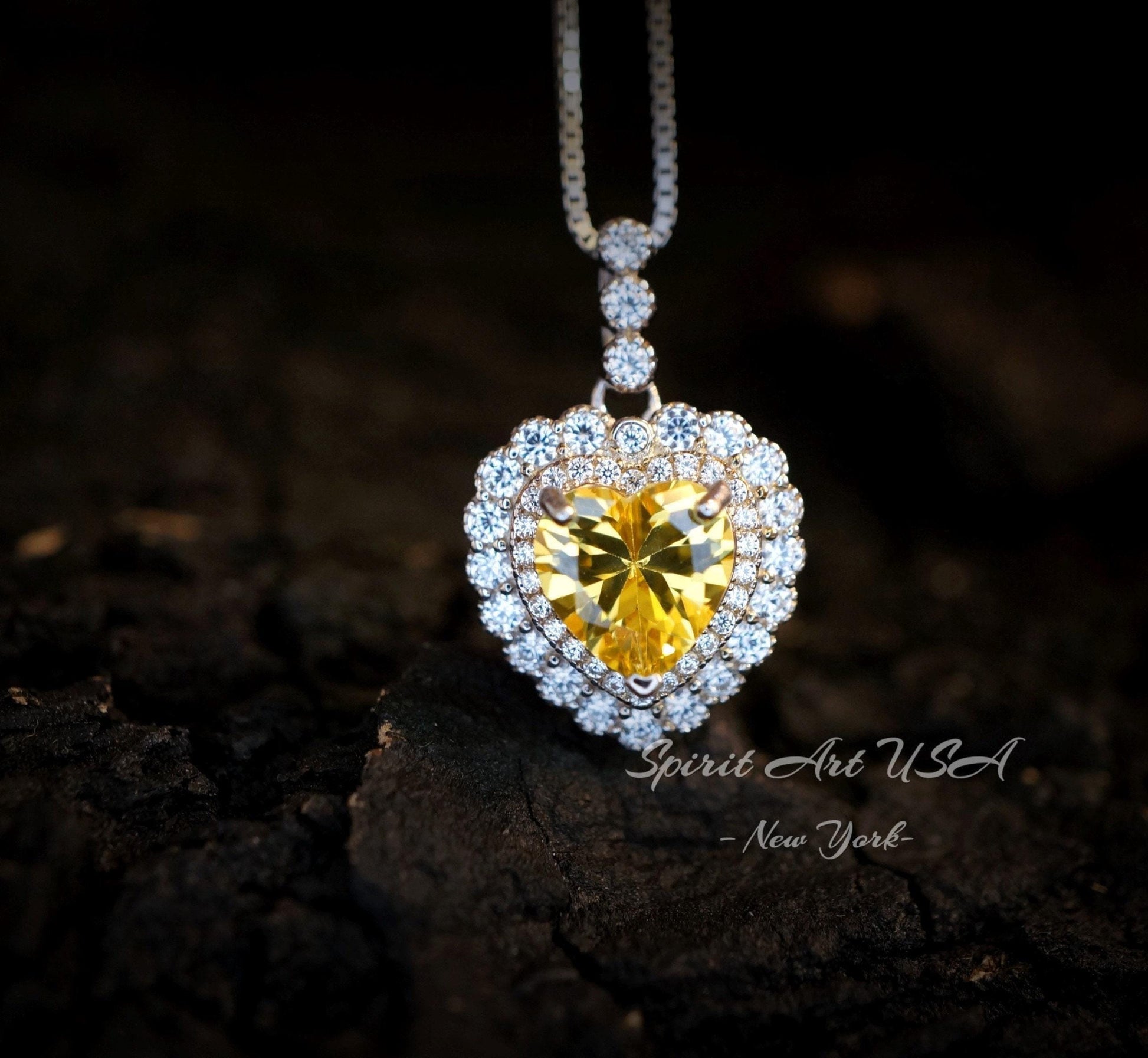 Created Yellow Moissanite Diamond Necklace - Double Halo Heart Necklace - Yellow Gemstone Pendant - 18kGP & 925 Sterling Silver 1094
