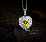 Created Yellow Moissanite Diamond Necklace - Double Halo Heart Necklace - Yellow Gemstone Pendant - 18kGP & 925 Sterling Silver 1094