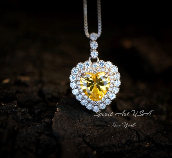 Created Yellow Moissanite Diamond Necklace - Double Halo Heart Necklace - Yellow Gemstone Pendant - 18kGP & 925 Sterling Silver 1094