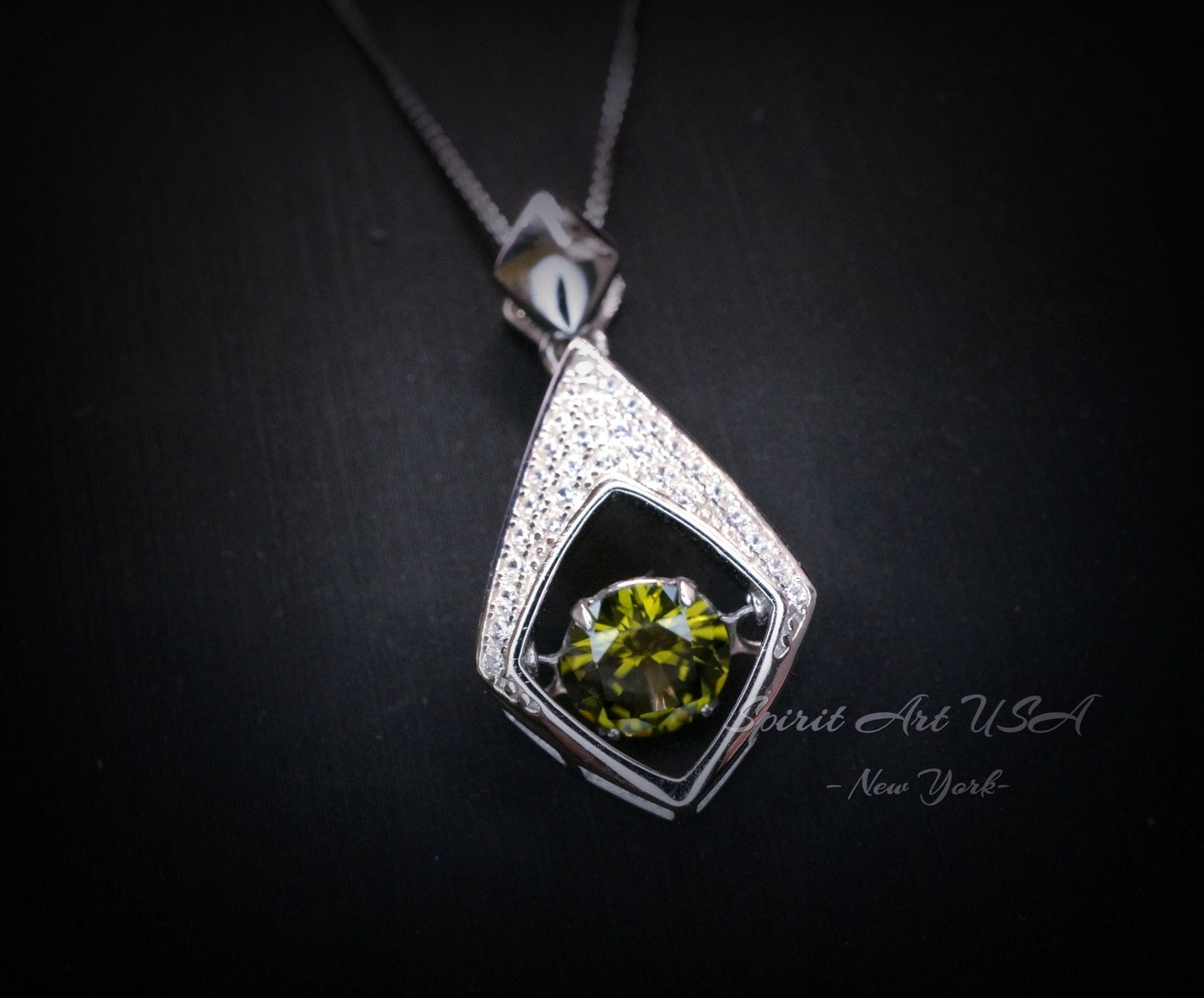 Dynamic Swing Green Peridot Necklace - Round Fund Cut 0.85 Ct - Full Sterling Silver Made with 18KGP #174