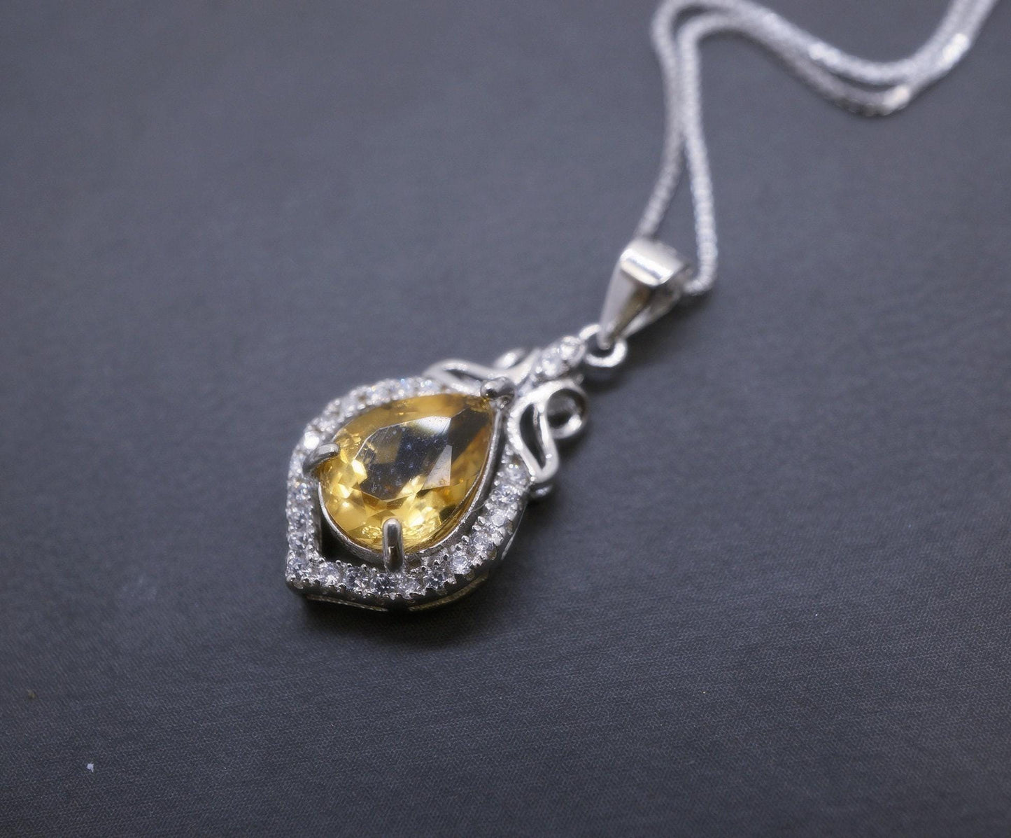 Citrine Necklace Silver - Genuine Teardrop Citrine Full 925 Sterling Silver November Birthstone Platinum Coated Box Chain #427