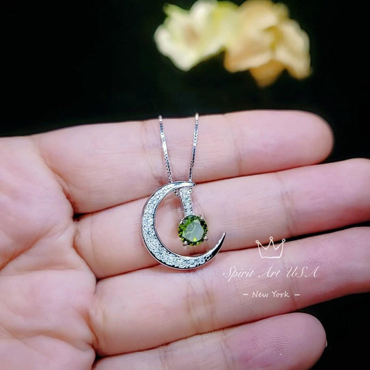 Crescent Moon Peridot Necklace - 18kgp Sterling Silver - One Necklace Two wear - Genuine Green Peridot Pendant - Gemstone Moon Jewelry #227