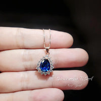 Rose Gold Teardrop Blue Sapphire Necklace Gemstone Blue Gemstone Pendant Sterling Silver Pear Halo Pear Royal Blue Jewelry #321