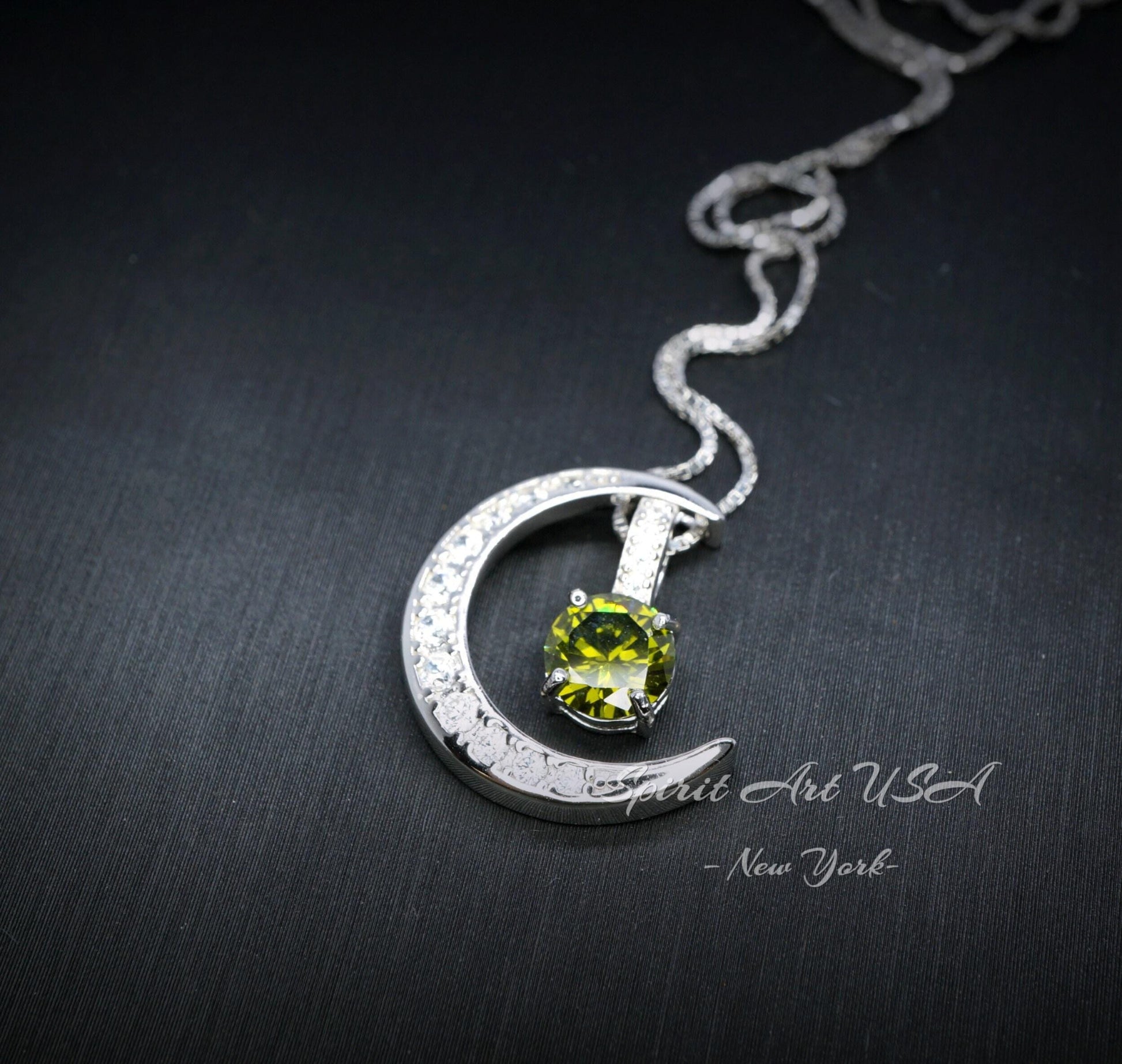 Crescent Moon Peridot Necklace - 18kgp Sterling Silver - One Necklace Two wear - Genuine Green Peridot Pendant - Gemstone Moon Jewelry #227