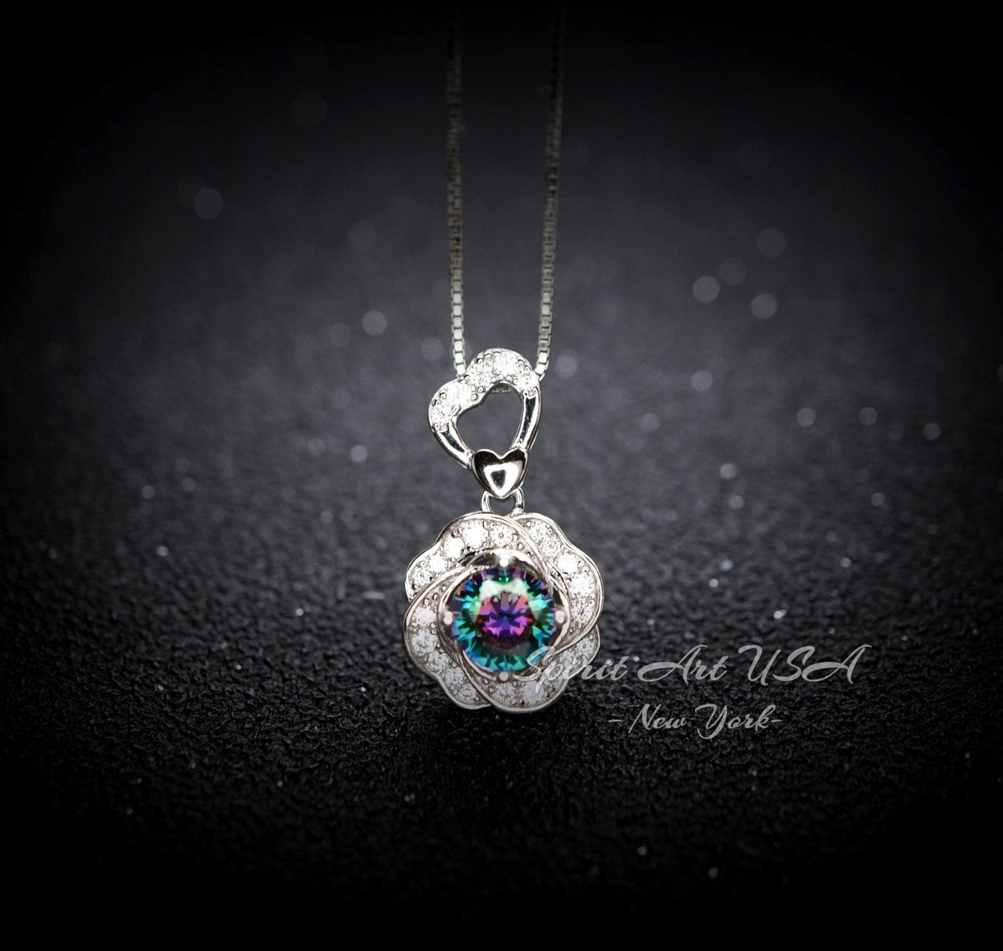 Mystic Topaz Necklace Rose Flower Style - 18kgp Sterling Silver - Dainty Round Cut Gemstone Halo Rainbow Mystic Topaz Pendant #401