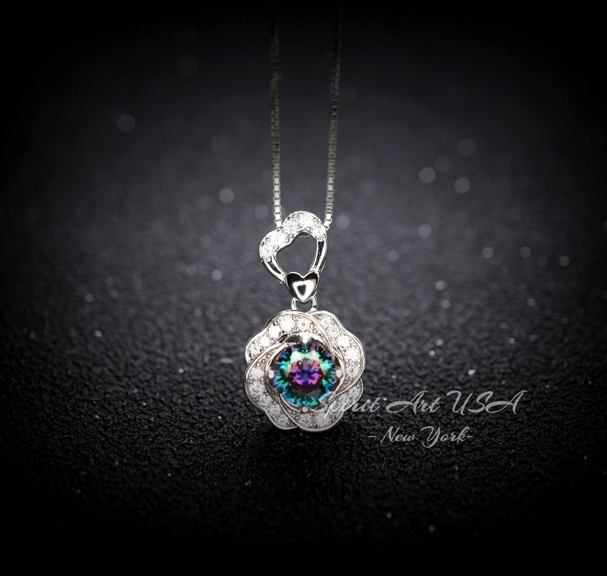 Mystic Topaz Necklace Rose Flower Style - 18kgp Sterling Silver - Dainty Round Cut Gemstone Halo Rainbow Mystic Topaz Pendant #401