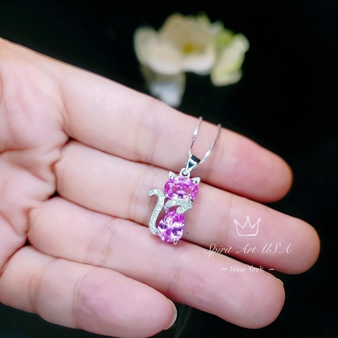Cat Pink Tourmaline Necklace, Kitty Cat Pendant Gemstone White Gold Plated Sterling Silver Pets Lover Jewelry #213