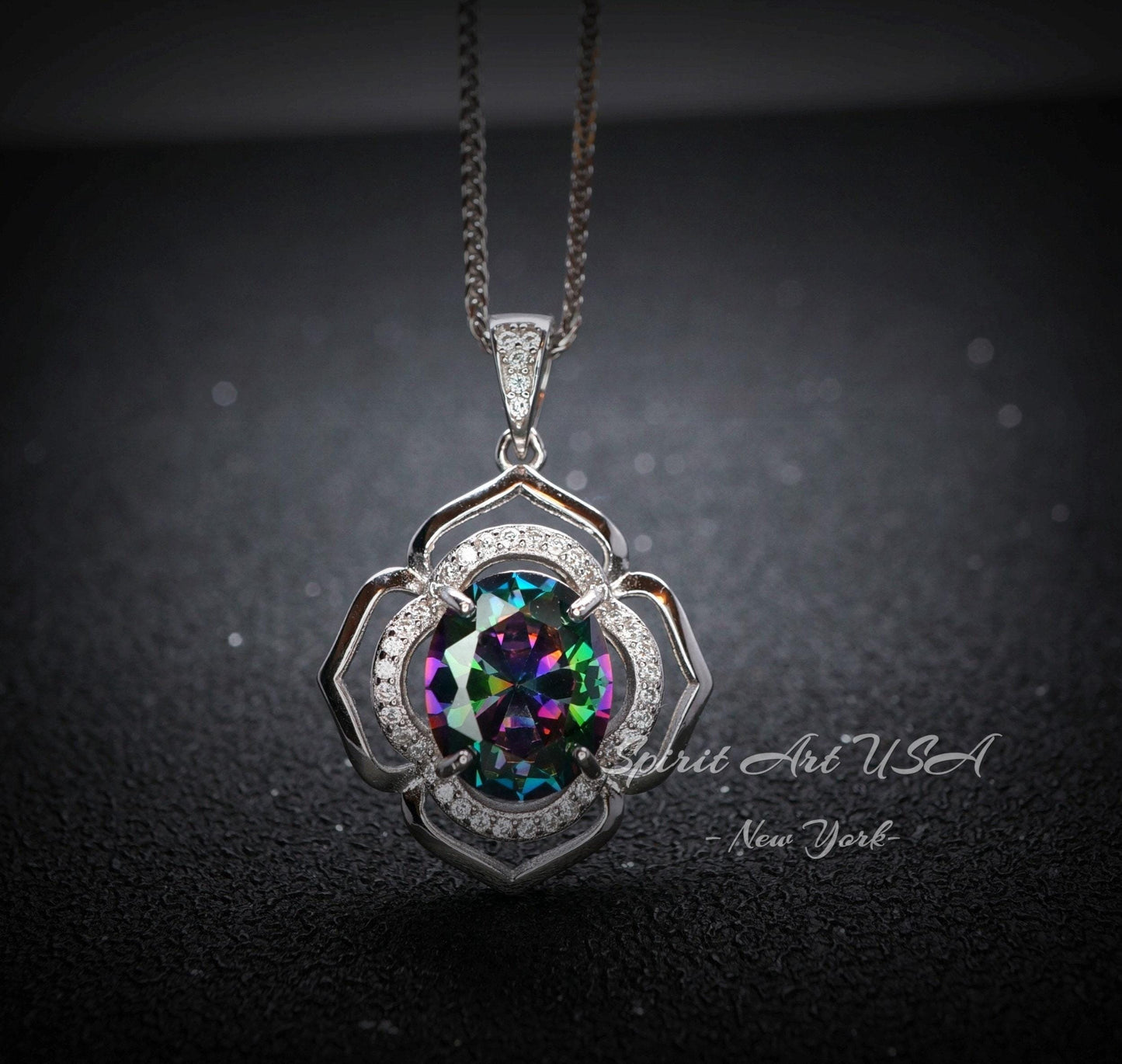 Large Mystic Topaz Necklace 4.5 ct -Sterling Silver White Gold Flower Of Life Pendant #551
