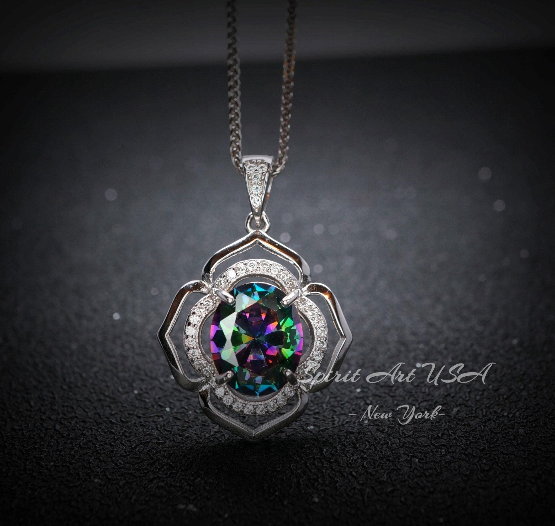 Large Mystic Topaz Necklace 4.5 ct -Sterling Silver White Gold Flower Of Life Pendant #551