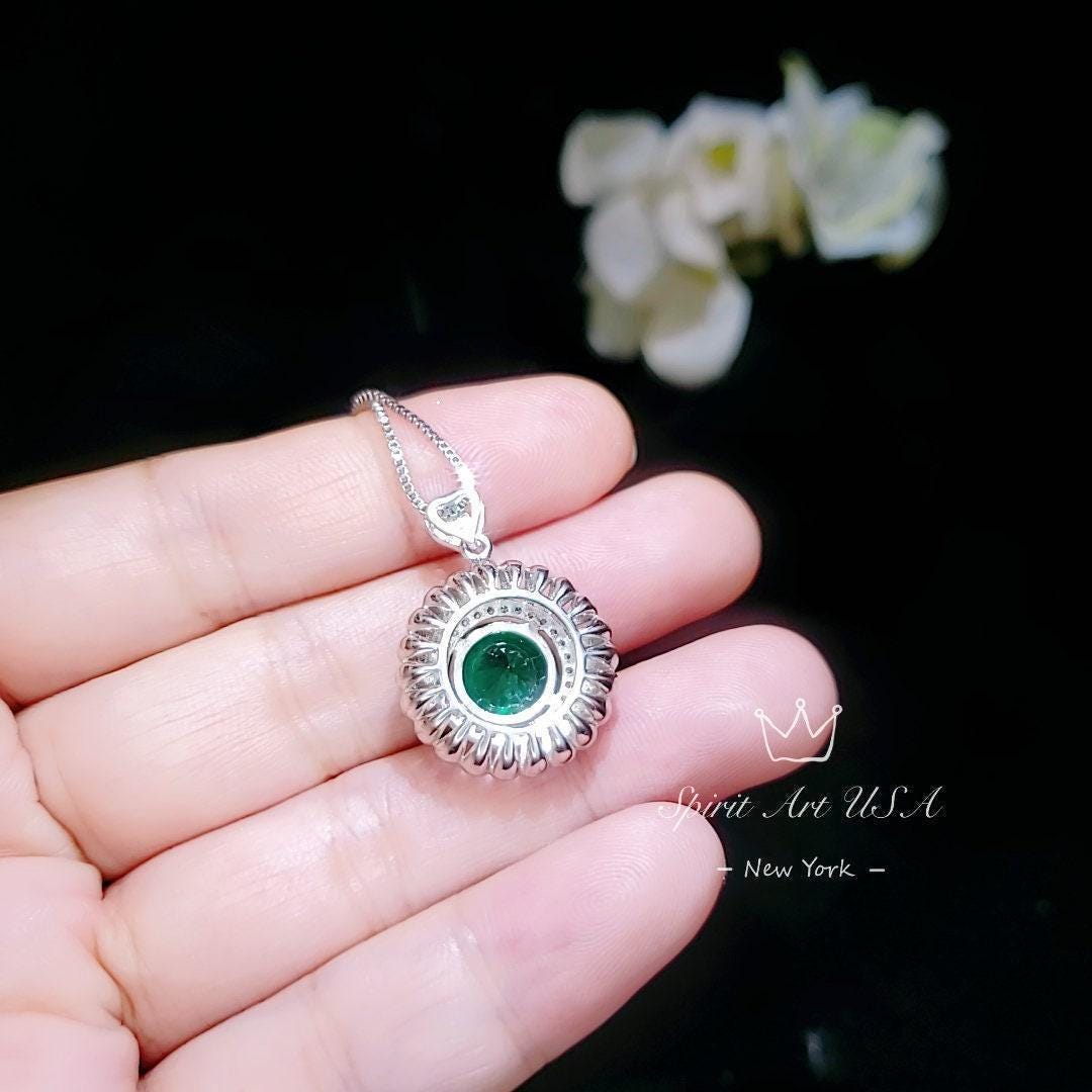 Large Emerald Necklace - Sterling Silver Sunflower Sun Necklace 4 Ct Green Gemstone Halo Emerald May Birthstone Gift #491