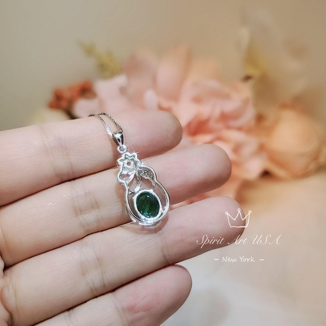 Large Emerald Necklace - Sterling Silver Flower Emerald Pendant - Lab Created Green Gemstone May Birthstone Jewelry #242