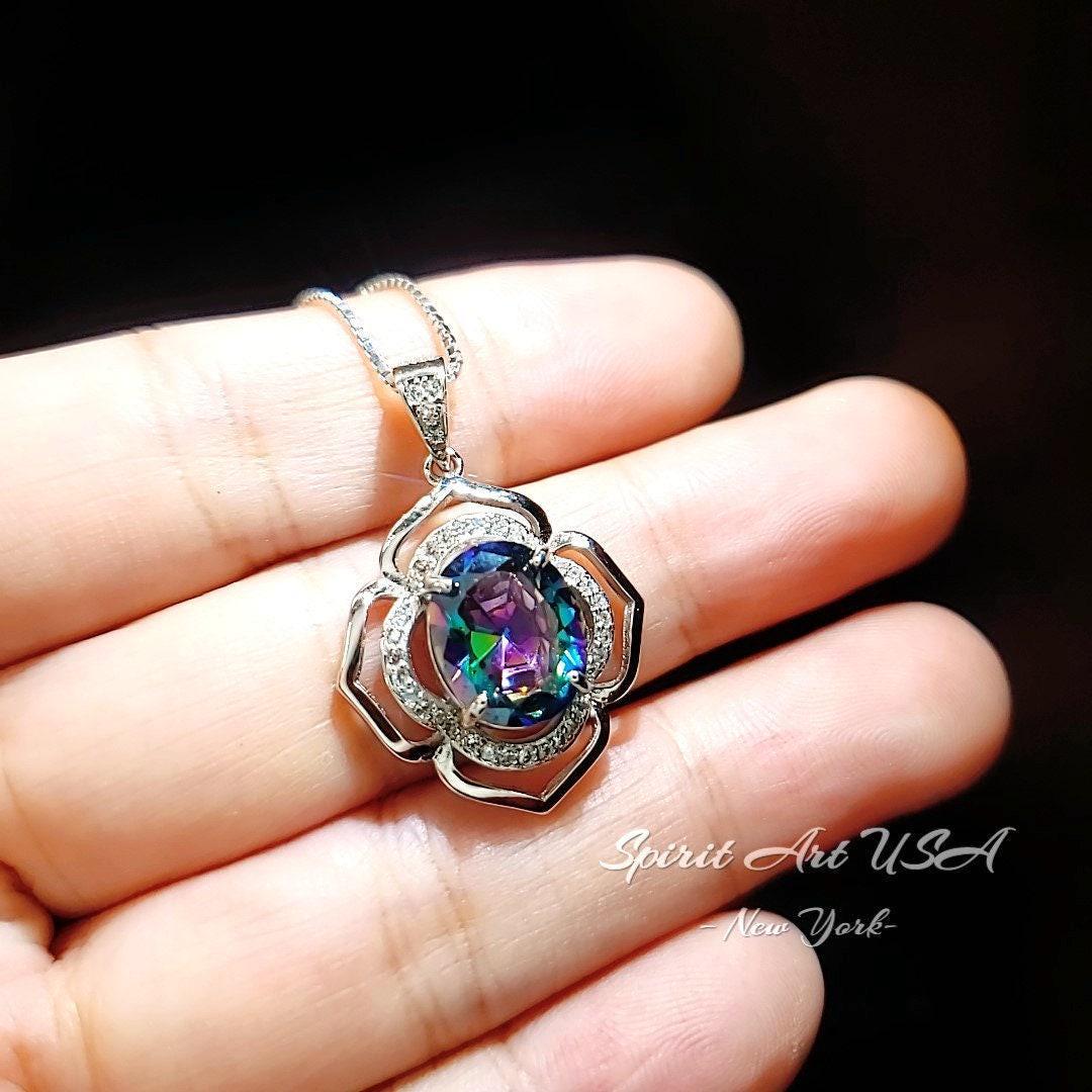 Large Mystic Topaz Necklace 4.5 ct -Sterling Silver White Gold Flower Of Life Pendant #551