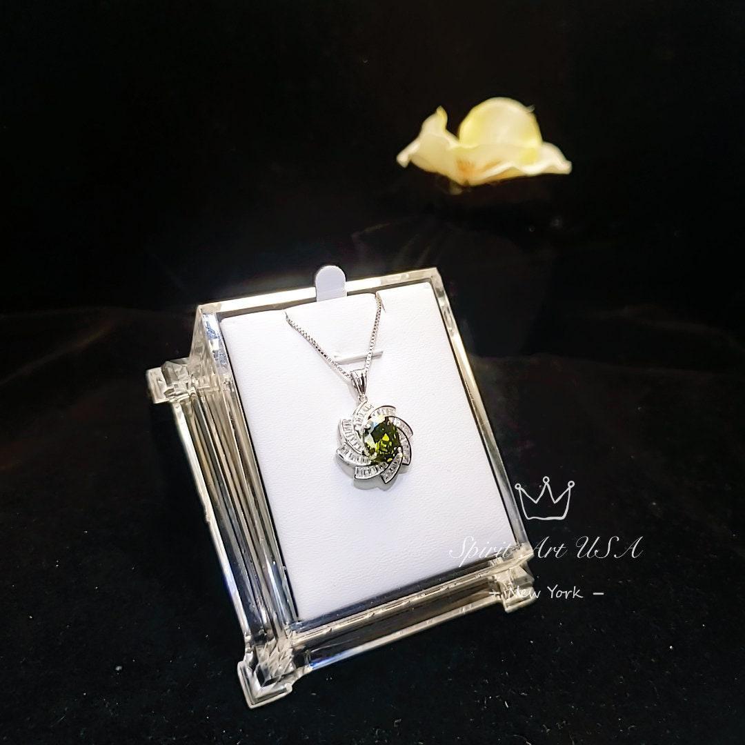 Green Peridot Spiral Necklace - White Gold coated Sterling Silver - Milky Way Spiral Galaxy Energy Vortexes Windmill Pendant #849