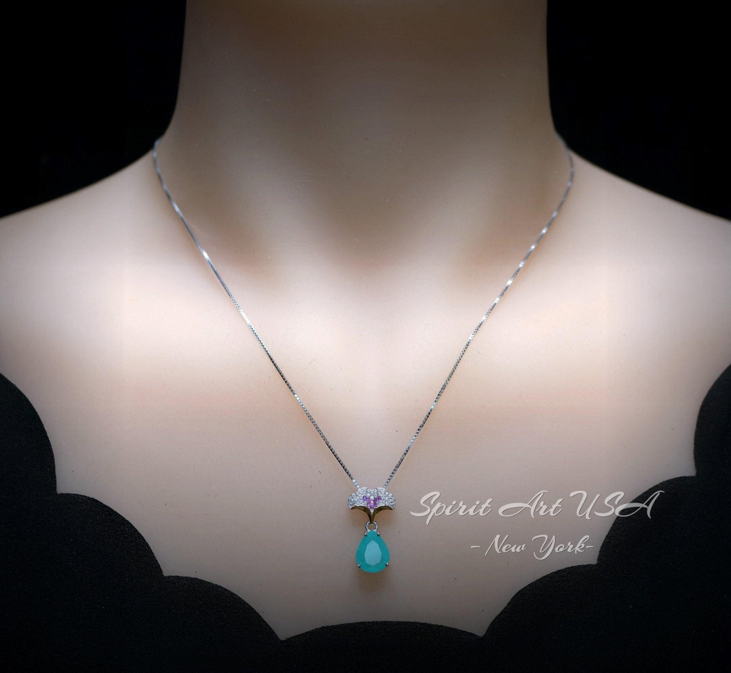 Paraiba Tourmaline Necklace - Ginkgo biloba Pendant - 18KGP Sterling Silver Large Teardrop 3.5 CT Paraiba Pendant Diamond Leaf Jewelry #685