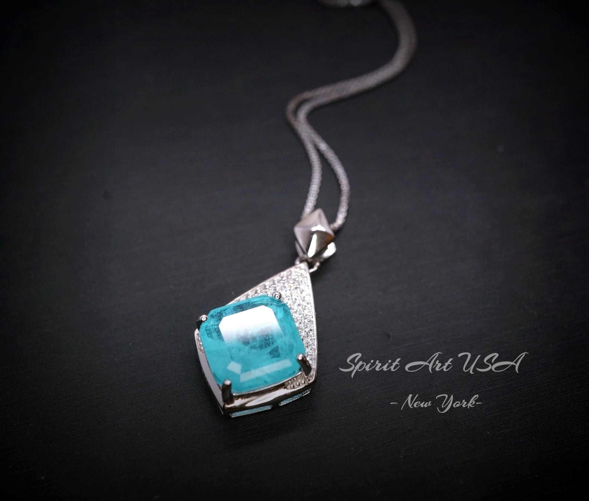 Rhombic Style Large Paraiba Necklace - Sterling Silver 18KGP - Gemstone Cushion Cut Paraiba Tourmaline Pendant - blue gemstone #397