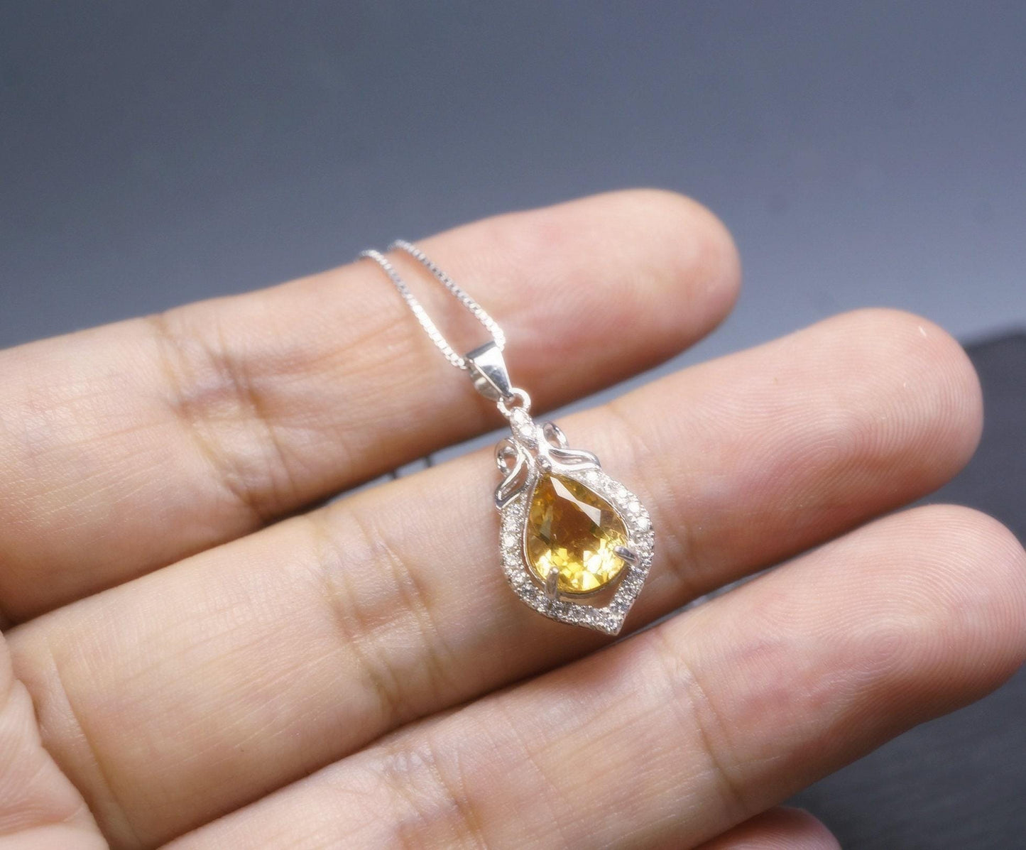 Citrine Necklace Silver - Genuine Teardrop Citrine Full 925 Sterling Silver November Birthstone Platinum Coated Box Chain #427
