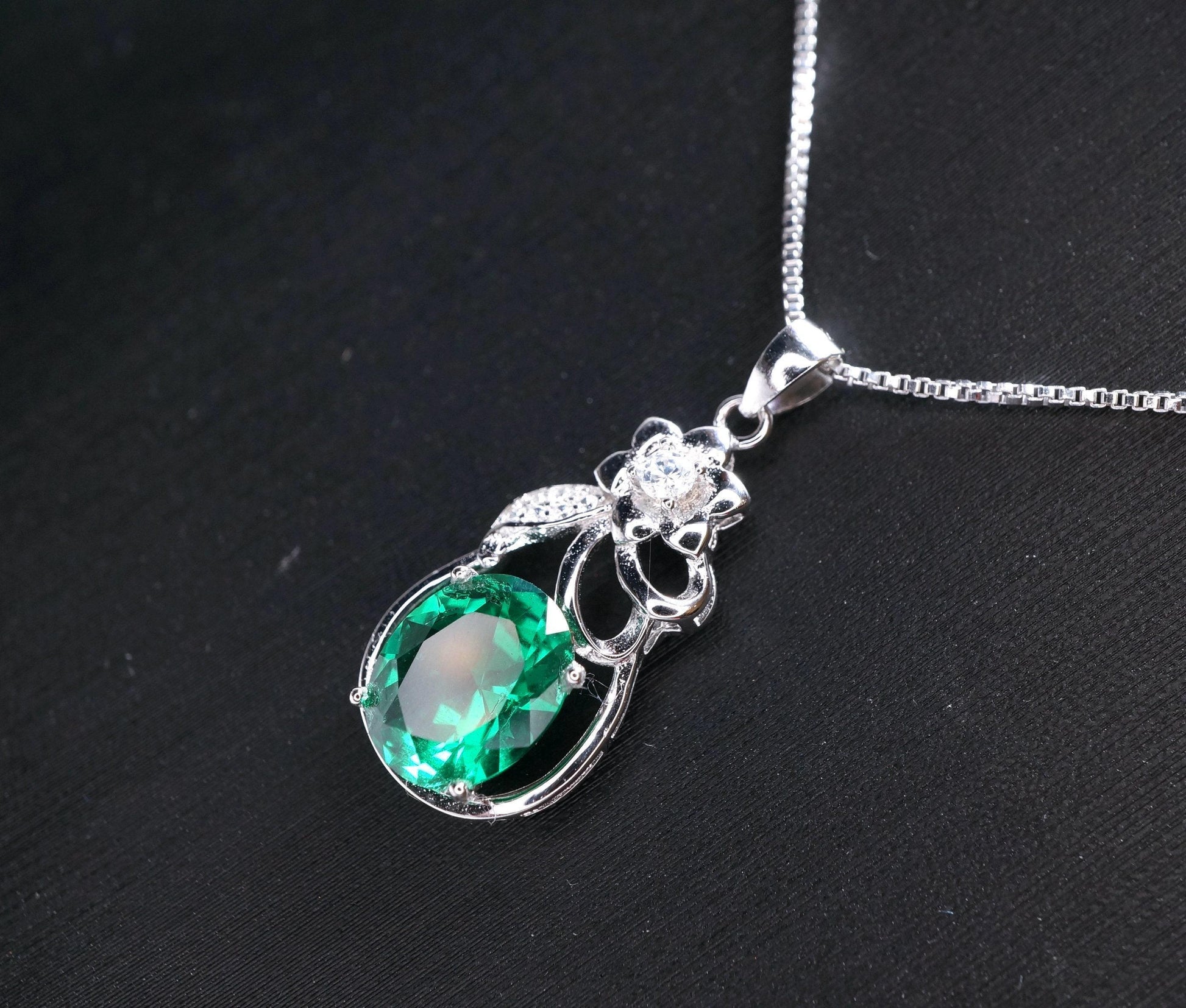 Large Emerald Necklace - Sterling Silver Flower Emerald Pendant - Lab Created Green Gemstone May Birthstone Jewelry #242