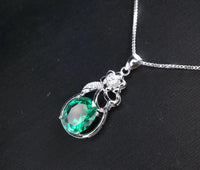 Large Emerald Necklace - Sterling Silver Flower Emerald Pendant - Lab Created Green Gemstone May Birthstone Jewelry #242