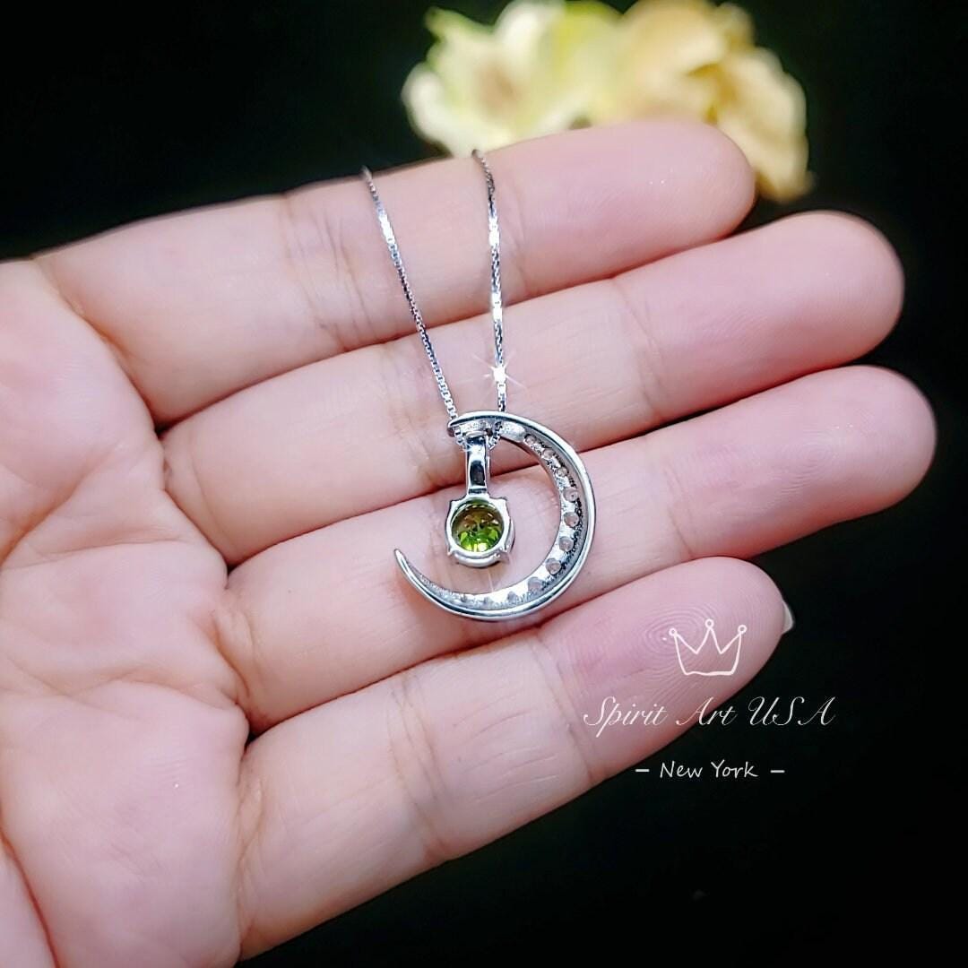Crescent Moon Peridot Necklace - 18kgp Sterling Silver - One Necklace Two wear - Genuine Green Peridot Pendant - Gemstone Moon Jewelry #227