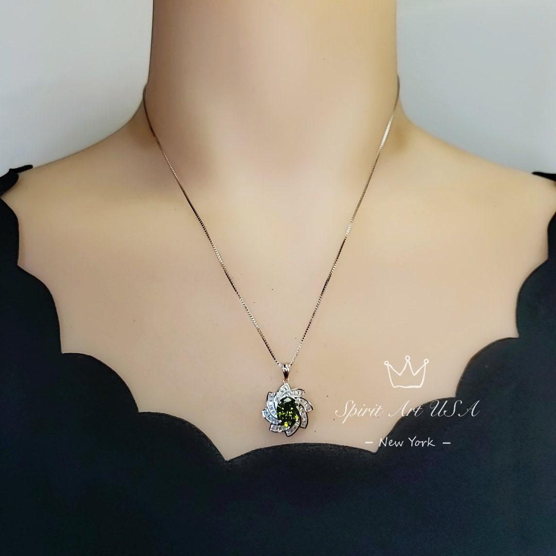 Green Peridot Spiral Necklace - White Gold coated Sterling Silver - Milky Way Spiral Galaxy Energy Vortexes Windmill Pendant #849
