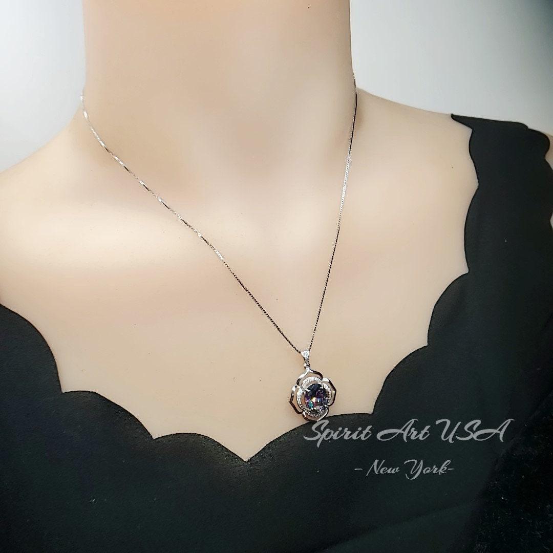 Large Mystic Topaz Necklace 4.5 ct -Sterling Silver White Gold Flower Of Life Pendant #551