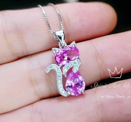 Cat Pink Tourmaline Necklace, Kitty Cat Pendant Gemstone White Gold Plated Sterling Silver Pets Lover Jewelry #213