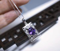 Sterling Silver Amethyst Necklace, Geometric Rectangle Natural Amethyst Pendant 925 Silver Box Chain February Birthstone 1055