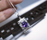 Sterling Silver Amethyst Necklace, Geometric Rectangle Natural Amethyst Pendant 925 Silver Box Chain February Birthstone 1055