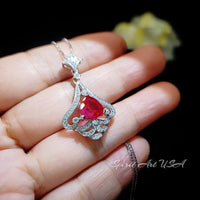Mandolin flower Red Ruby Necklace - 1.2 ct Trillion Cut Red Ruby Pendant - White Gold coated Sterling Silver #678