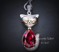 Ruby Necklace - Sterling Silver Red Fox Necklace - July Birthstone - White Gold coated - Teardrop 3.5 CT Red Ruby Pendant #437
