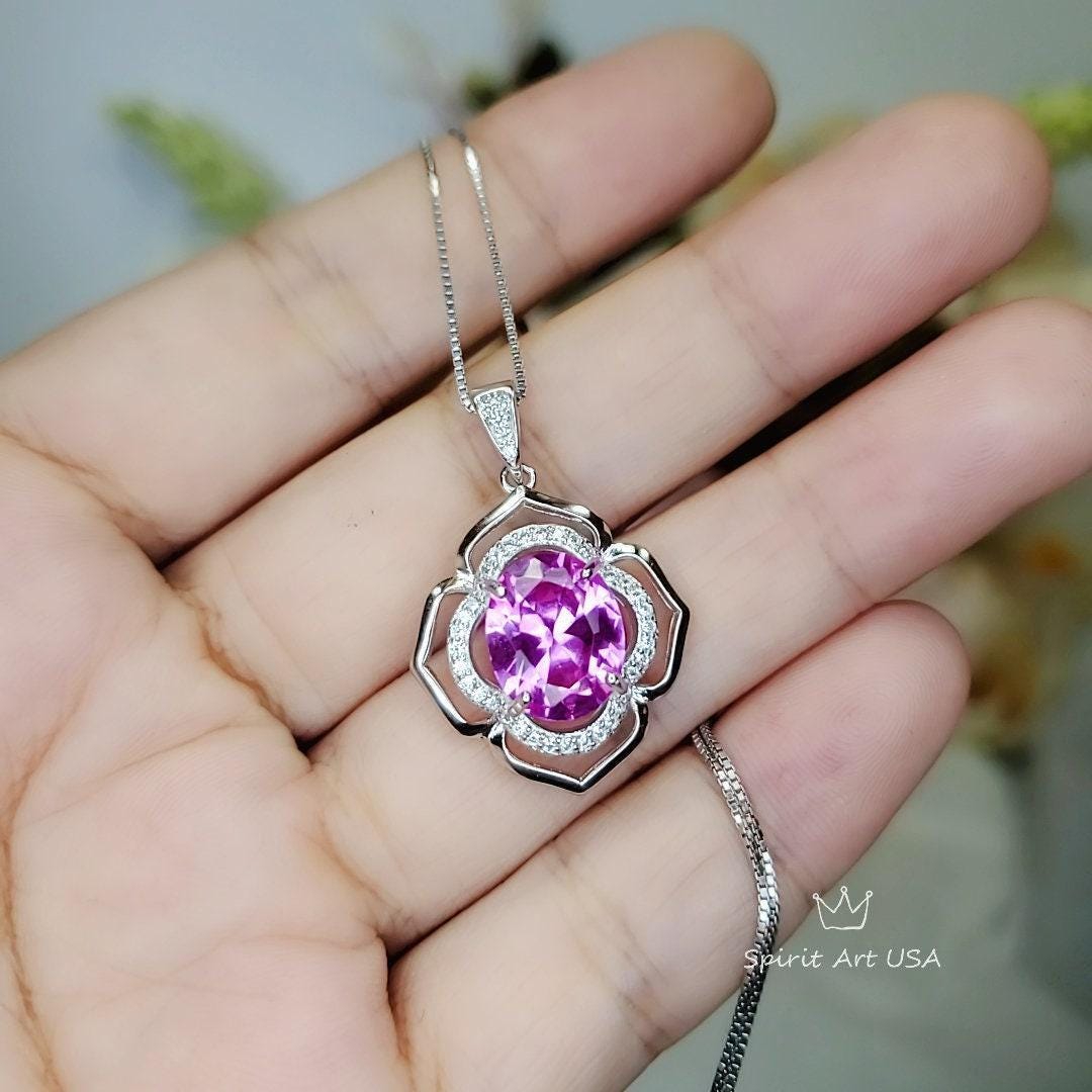 Large Pink Tourmaline Necklace- Sterling Silver Gemstone Flower OF Life Pendant - Oval 4 ct Wedding Bridal Pendant #630