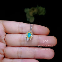 Tiny Thorn Apple Paraiba Necklace - Gold decorated Sterling Silver Minimalist Oval Blue Paraiba Pendant - Blessing Buddha Hand Jewelry #115