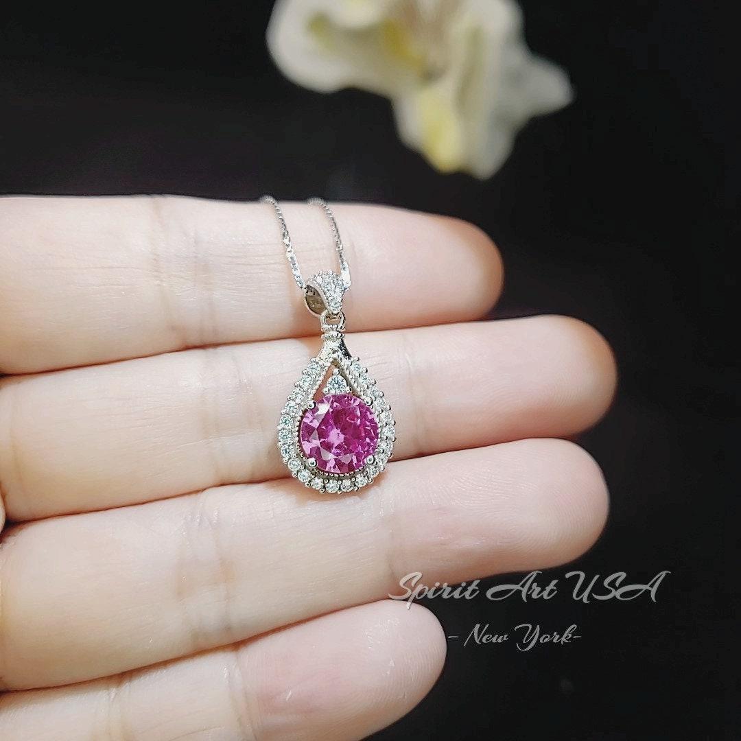 Pink Tourmaline Round Necklace - Fuchsia Tourmaline Sterling Silver 8mm 1.5Ct Pink Gemstone #387