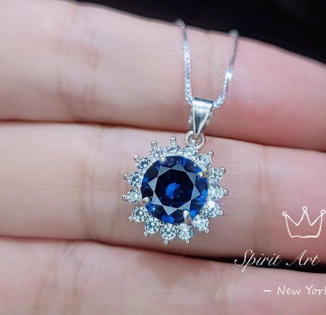 Blue Sapphire Necklace Gemstone Sunflower Pendant 8 mm White Gold Coated Princess Diana Style 2 CT Deep Blue Gemstone Jewelry #283