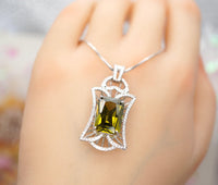 9 CT Large Peridot Necklace - Gemstone Royal Flower Pendant - 18kgp @ Sterling Sliver - Rectangle Radiant Peridot Jewelry #725