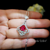 Mandolin flower Red Ruby Necklace - 1.2 ct Trillion Cut Red Ruby Pendant - White Gold coated Sterling Silver #678