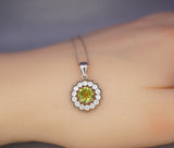 Genuine Peridot Necklace - Sterling Silver Green Peridot Flower Necklace Diamond 18k white gold 1079