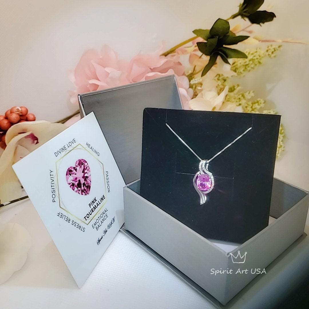 Large Pink Tourmaline Necklace - Gemstone Wave 3 CT Large Pink Tourmaline Pendant - White Gold coated Sterling Silver Jewelry #660