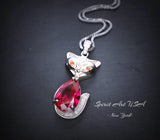 Ruby Necklace - Sterling Silver Red Fox Necklace - July Birthstone - White Gold coated - Teardrop 3.5 CT Red Ruby Pendant #437