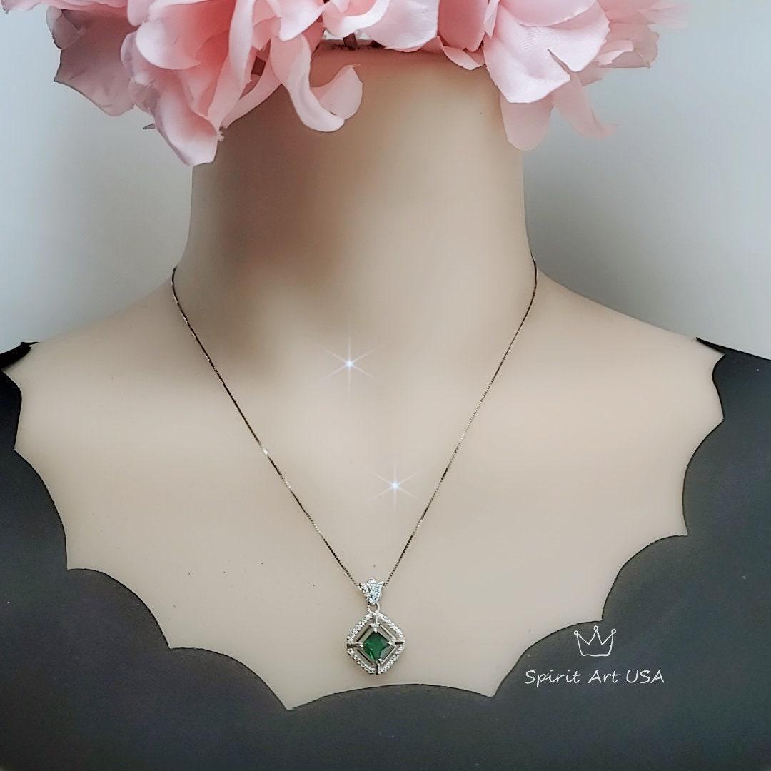 Emerald Pendant Necklace in 925 Sterling Silver Overlap Square Design May Birthstone 18K white yellow rose Gold Plated Gemstone Jewelry 249