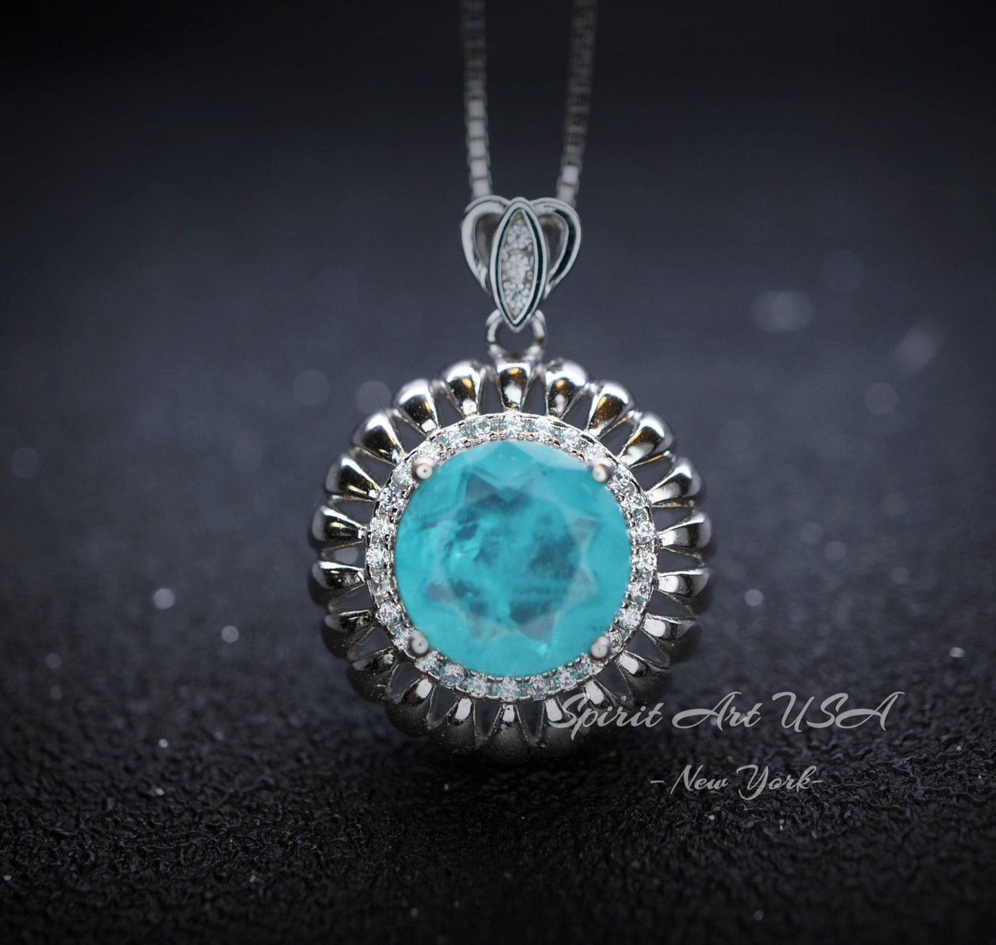 Large Paraiba Necklace - 18KGP @ Sterling Silver - Sunflower Style - 5 ct Blue Paraiba Tourmaline Pendant #406