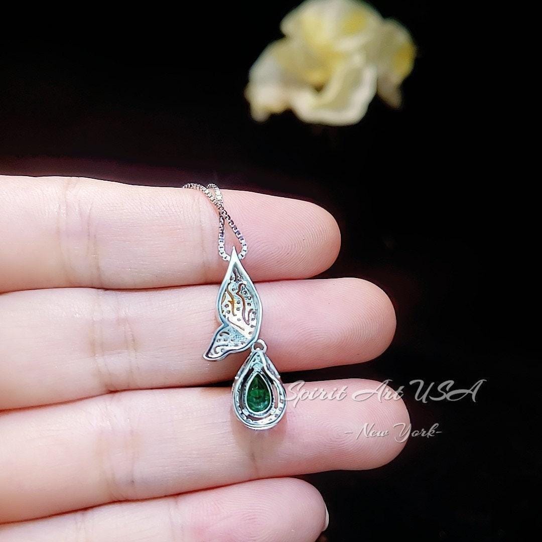 Green Emerald Necklace - Butterfly Flower Pendant - 18kgp @ Sterling Silver - 1 CT Teardrop Emerald Jewelry #517
