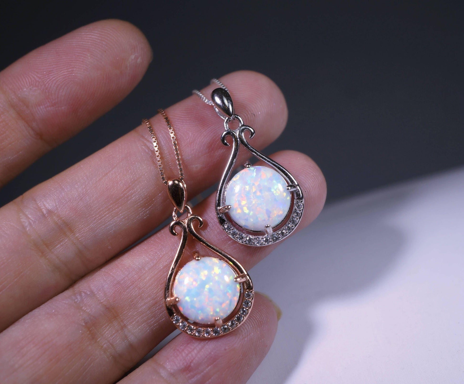 Rose Gold Opal Necklace, Sterling Silver Box Chain Round 10mm White Opal Necklace - Large High Quality Flash Opal Jewelry #123