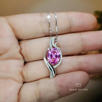 Large Pink Tourmaline Necklace - Gemstone Wave 3 CT Large Pink Tourmaline Pendant - White Gold coated Sterling Silver Jewelry #660
