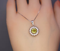 Genuine Peridot Necklace - Sterling Silver Green Peridot Flower Necklace Diamond 18k white gold 1079
