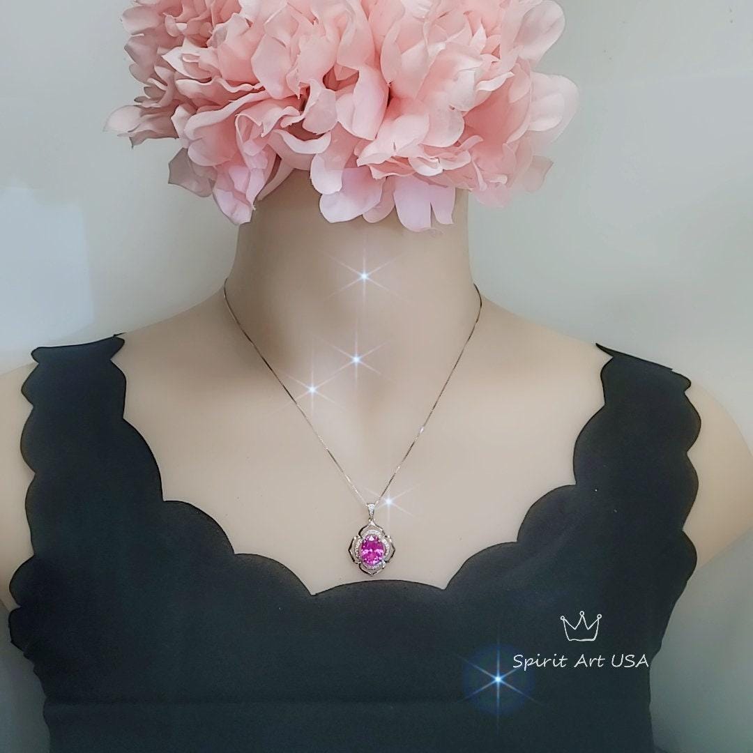 Large Pink Tourmaline Necklace- Sterling Silver Gemstone Flower OF Life Pendant - Oval 4 ct Wedding Bridal Pendant #630