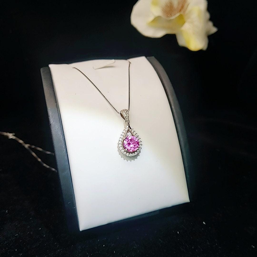 Pink Tourmaline Round Necklace - Fuchsia Tourmaline Sterling Silver 8mm 1.5Ct Pink Gemstone #387