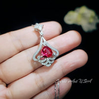 Mandolin flower Red Ruby Necklace - 1.2 ct Trillion Cut Red Ruby Pendant - White Gold coated Sterling Silver #678